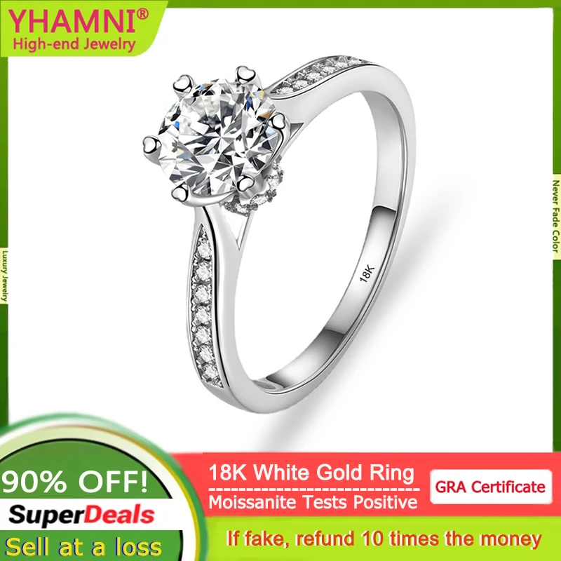 

YHAMNI Women's 18K White Gold Rings Elegant Romantic 1 Carat Round Moissanite Engagement Wedding Bridal Lover Gift Jewelry