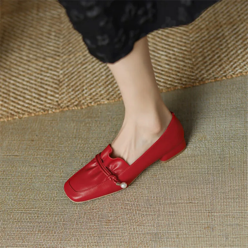 New Spring Women Loafers Cow Leather Low Heel Shoes for Women Square Toe Chunky Heel Shoes Comfortable Women Pumps Slip-On Shoes