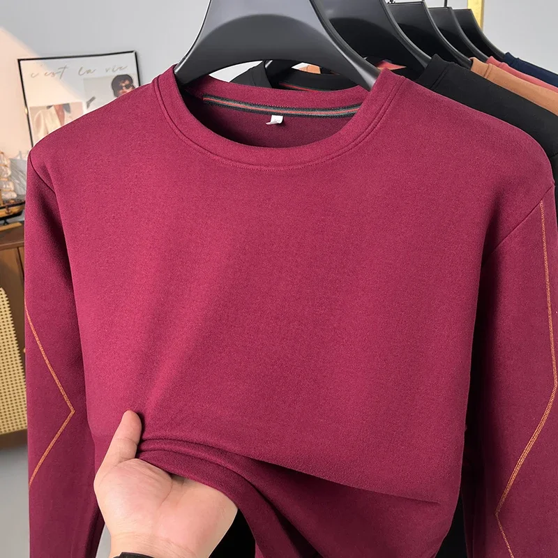 Male Loose Fit Crew Neck Long Sleeve Shirt Soft Thermal Knit Decorative Line On Sleeves Everyday Basic Wear view 4