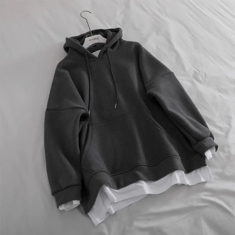 

Autumn Winter Men's Hoodie Sweatirt Thiened Fce Loose Fit Two-Piece Streetwear Casual Outerwear Youth Faion Trend