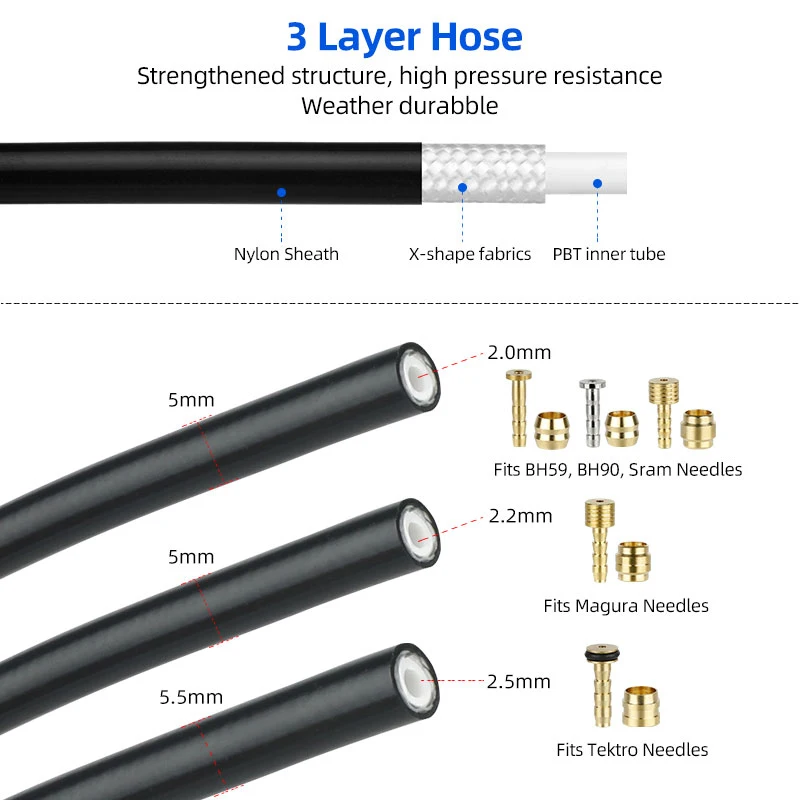 Deemount 2500mm Hydraulic Disc Brake Hose 3 Layers Oil Pressure Pipe Optional Needle Olive Ring for BH59 BH90 Sram Magura Tektro