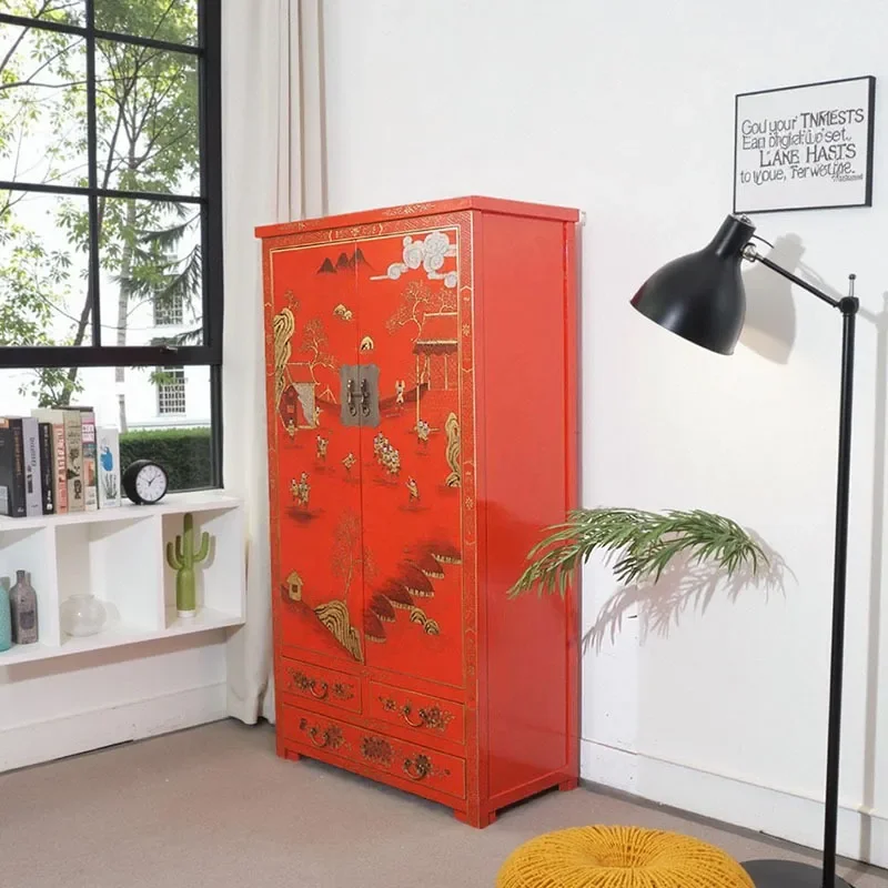 for New Chinese Style Red Solid Wood Gold Painted Wardrobe Home Bedroom Retro Large Capacity High Cabinet Decorative Storage