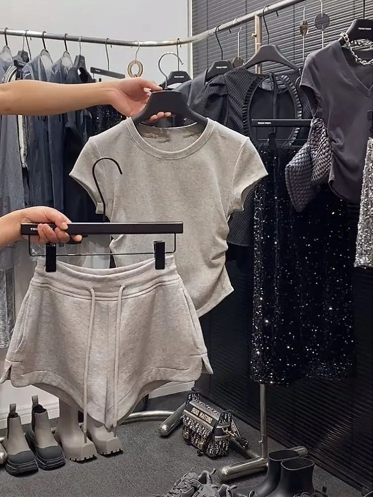 

Elegant Women's Two Piece Set Ruffle Sleeve Top with Drawstring Shorts Summer Casual Fashion Streetwear Outfit Ladies Gray Match