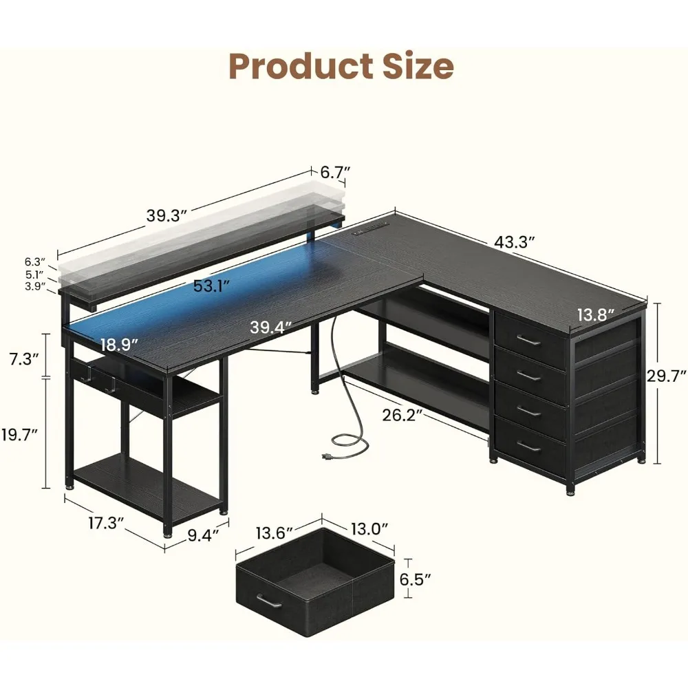 L-Shaped Desk with Drawers, Power Outlets, LED Lights, Reversible Corner Desk for Home Office Gaming and Computer Use