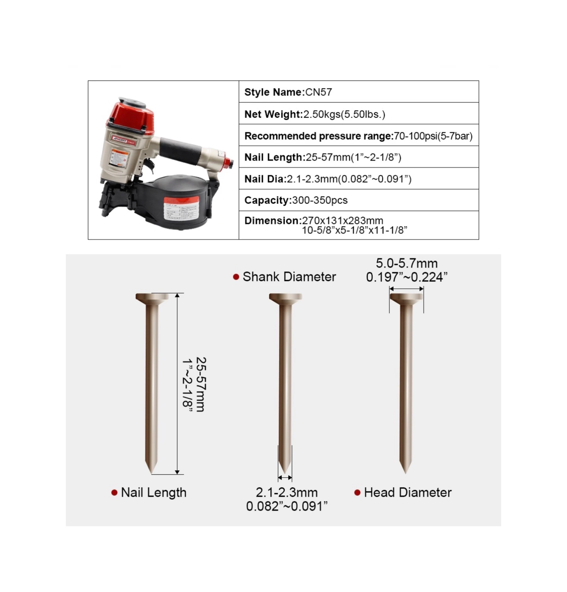 High Quality Coil Roofing Nail Gun Industrial Coil Nailer Cn57 Tool for Sofa Making Coil Nail Gun