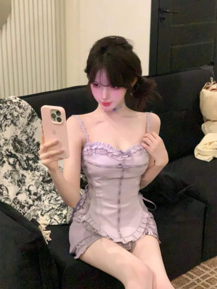 

Pure Sexy Suit Women's Spring/Summer Slimming Lace-up Strap Top High Waist Mini Skirt Two-piece Set Fashion Female Clothes