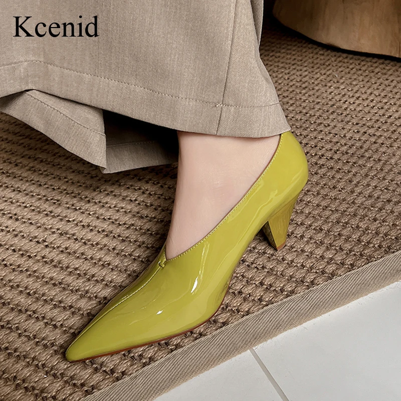 Kcenid New Women's Elegant High Heel Pumps Pointed Toe V-Cut Dress Shoes Sexy Unique Design Genuine Leather Evening Footwear