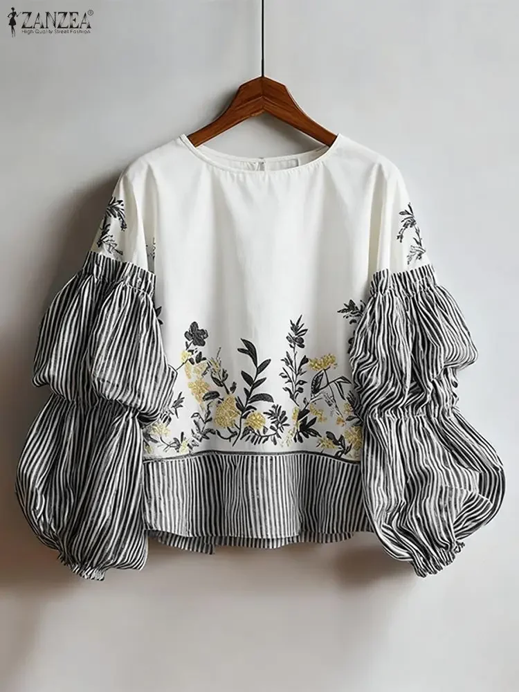 2025 ZANZEA Moda Donna Camicetta con maniche a lanterna a righe Stampa floreale Tunica Top Autunno Casual Manica lunga Elegante Camicie da ufficio