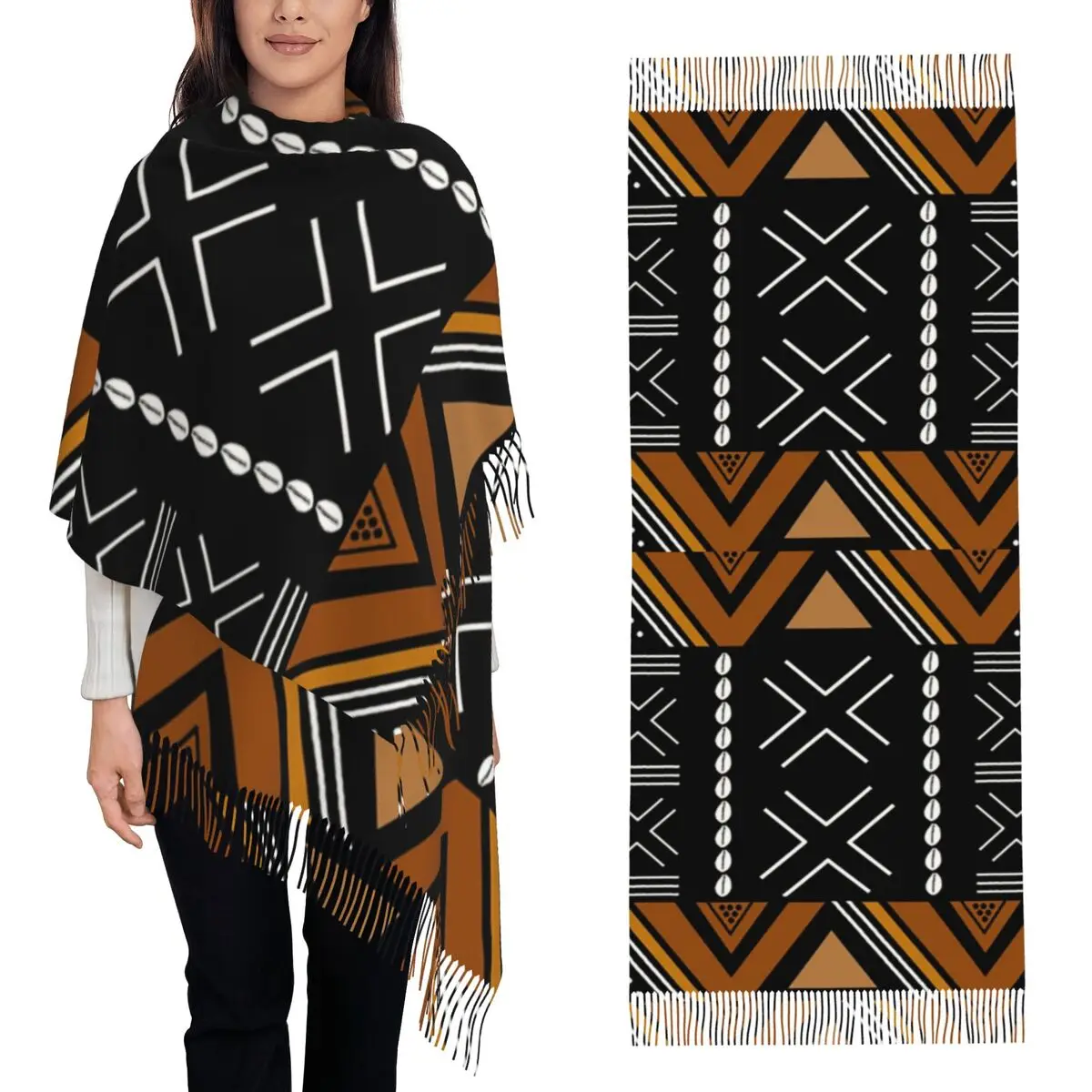 African Mud Cloth Bogolan Design Scarf Tassel Scarves for Women Soft Warm Shawls and Wraps Long Fall Winter Shawl Wrap
