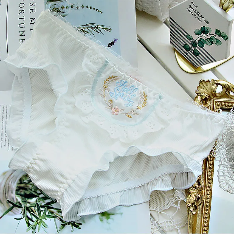 Women Cotton Ruffles Lace Embroidery Underwear Cute Lovely Sweety Princess Style Breathable Soft Panties Spirals Breifs