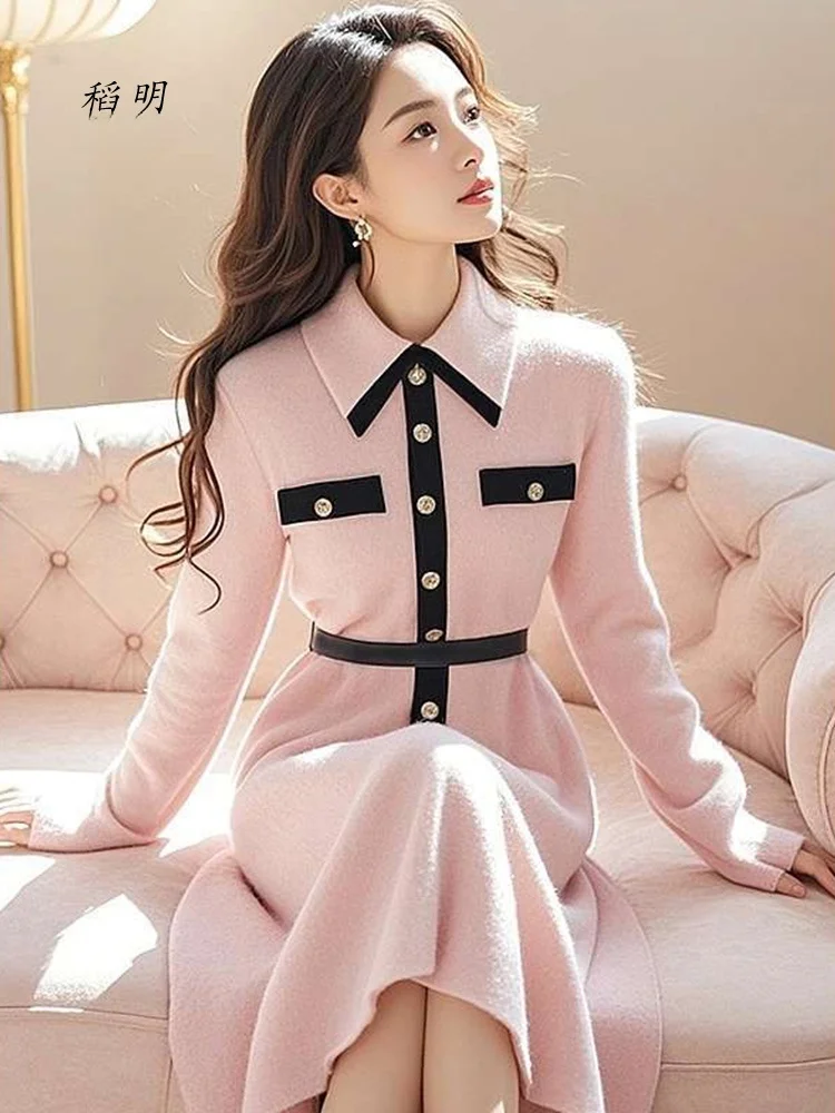 Slim Fit Malha Dr Feminino Outono Inverno Novo Design Turn-down Collar Base Camada Suéter Longo Dr Faionable Cintura Alta