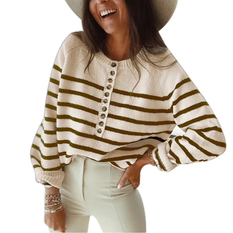 Autumn and Winter New Stripe Pullover Top Fashion Button Open Front Women\'s Sweater