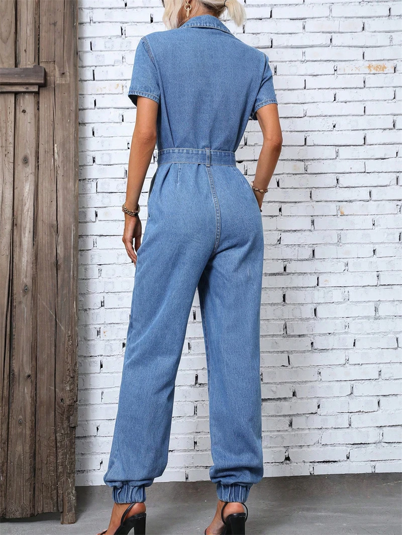 Streetwear Jeans Jumpsuits Summer Clothes Women 2024 Short Sleeve With Belt Denim Rompers Playsuits One Pieces Overalls Outfits