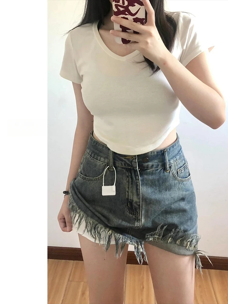 Dżinsowa spódnica w stylu retro z frędzlami, wysoki stan, damska, jesienna, plus size, zakrywająca brzuch, wyszczuplająca, duży rozmiar, spódnica w kształcie litery A.