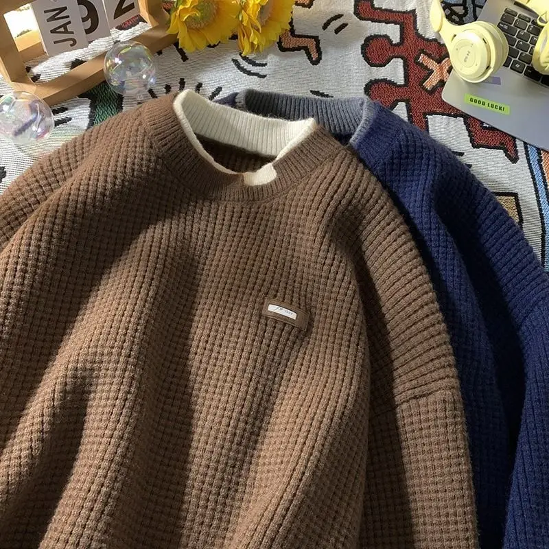 

Laid-ba Retro round Ne Knitwear Warm Couple Outerwear Trendy Top Polyester Fiber Long Sve Loose Fit Youthful Sle