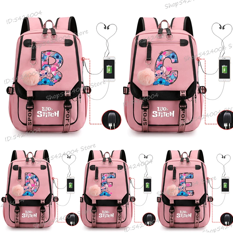 

Stitch Alphabet Disney Backpack High School Bagpack Large Capacity Students Teen Fashion School Bag USB Charging Travel Bagpack