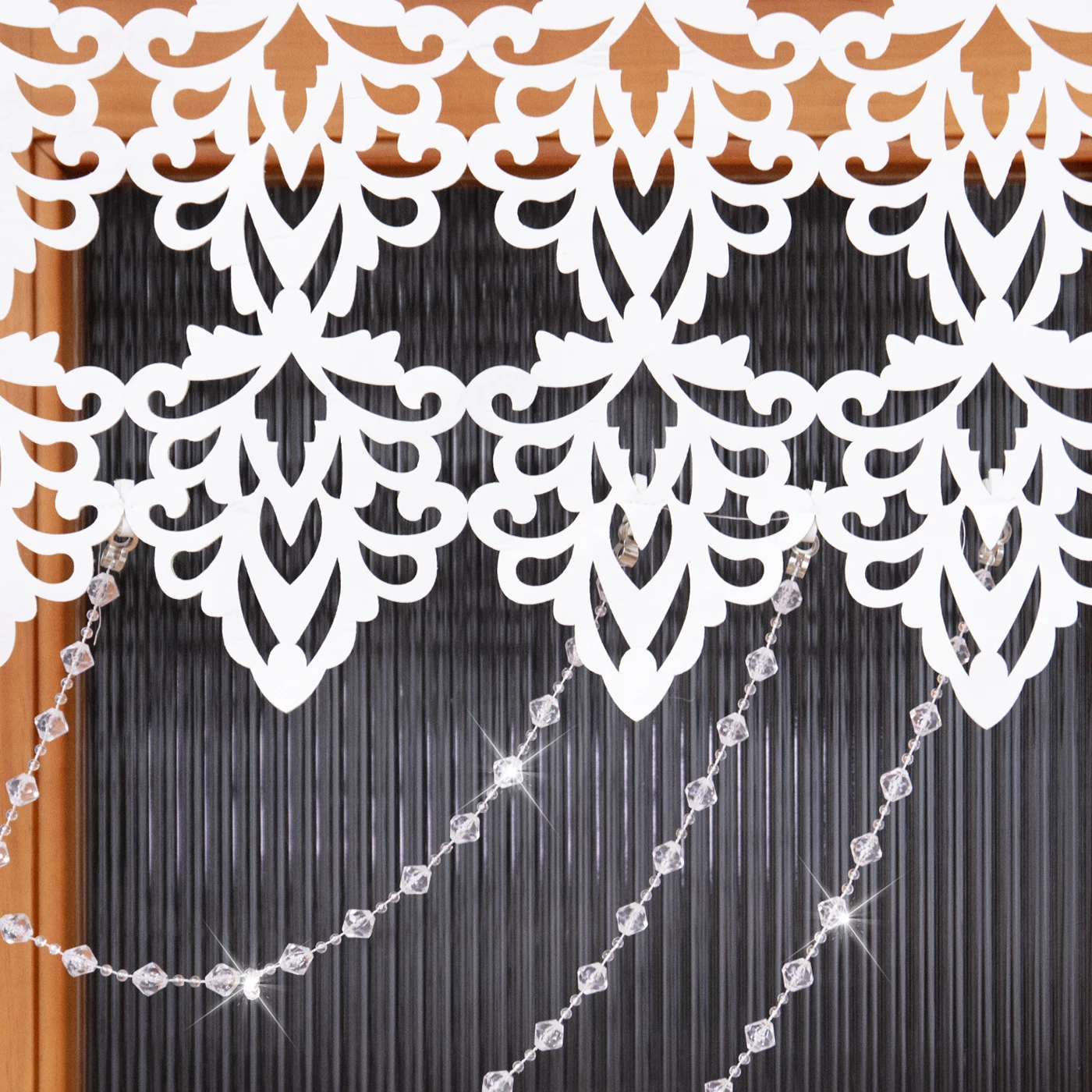1PC Hollow Cut Lace Valance Curtain With Crystal Beads, Light Filtering Window Drape, For Kitchen Cafe, Sweet Housewarming Gift