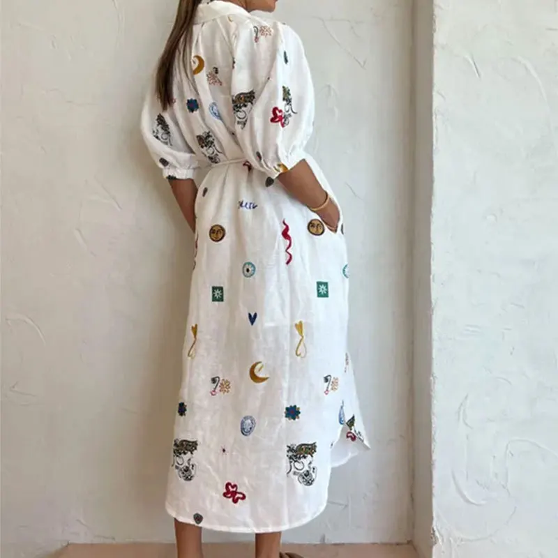 New fashion popular clothing summer women\'s new printing lapel long waist tie shirt dress women