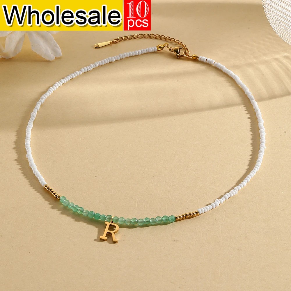 

10PCS Simple Bosnian Style 26 Initials Shell Name Green Crystal Necklace Alpahbet Fashion Birthday Couple Gifts Wholesale