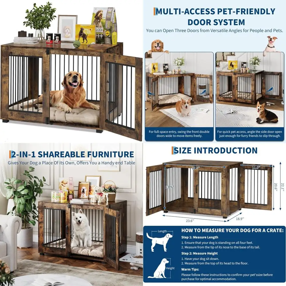 

Wooden Dog Crate with Locking Double Doors - Chew-Resistant Indoor Pet Cage End Table for Small Breeds, Bedroom Furniture