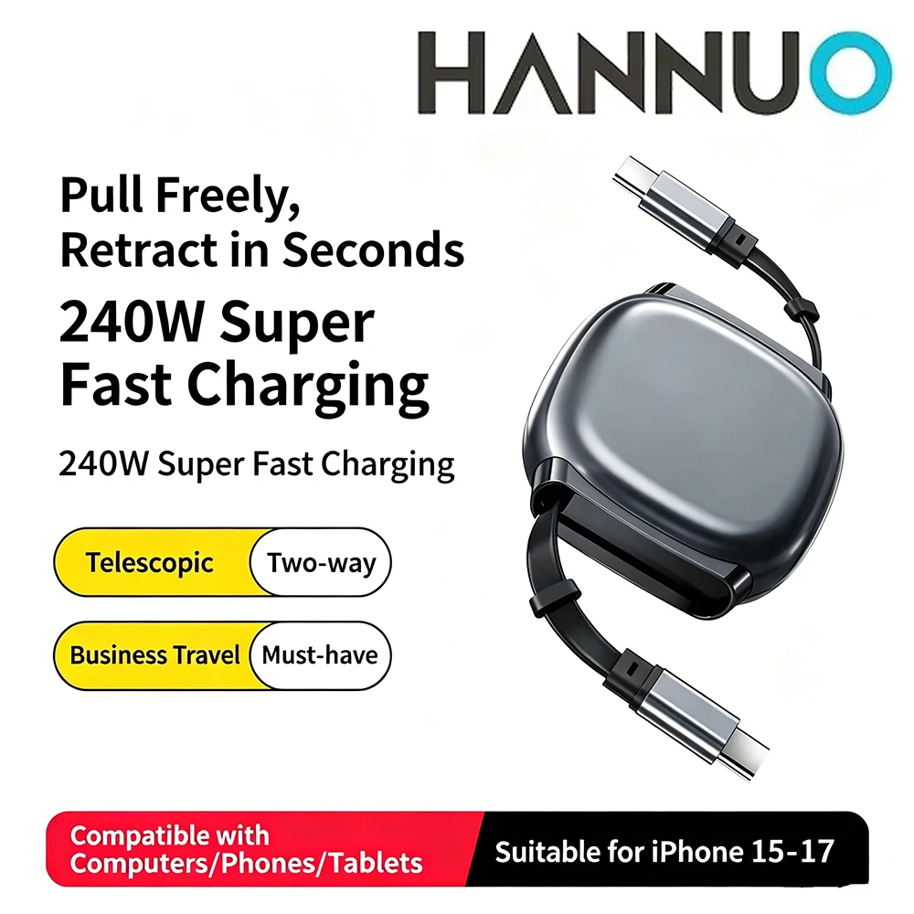 HANNUO 240W Type C Retractable Cable For iphone 17 16 15 Pro Max Samsung Huawei Fast Charger Cable Mini Size 480Mbps Data Cable