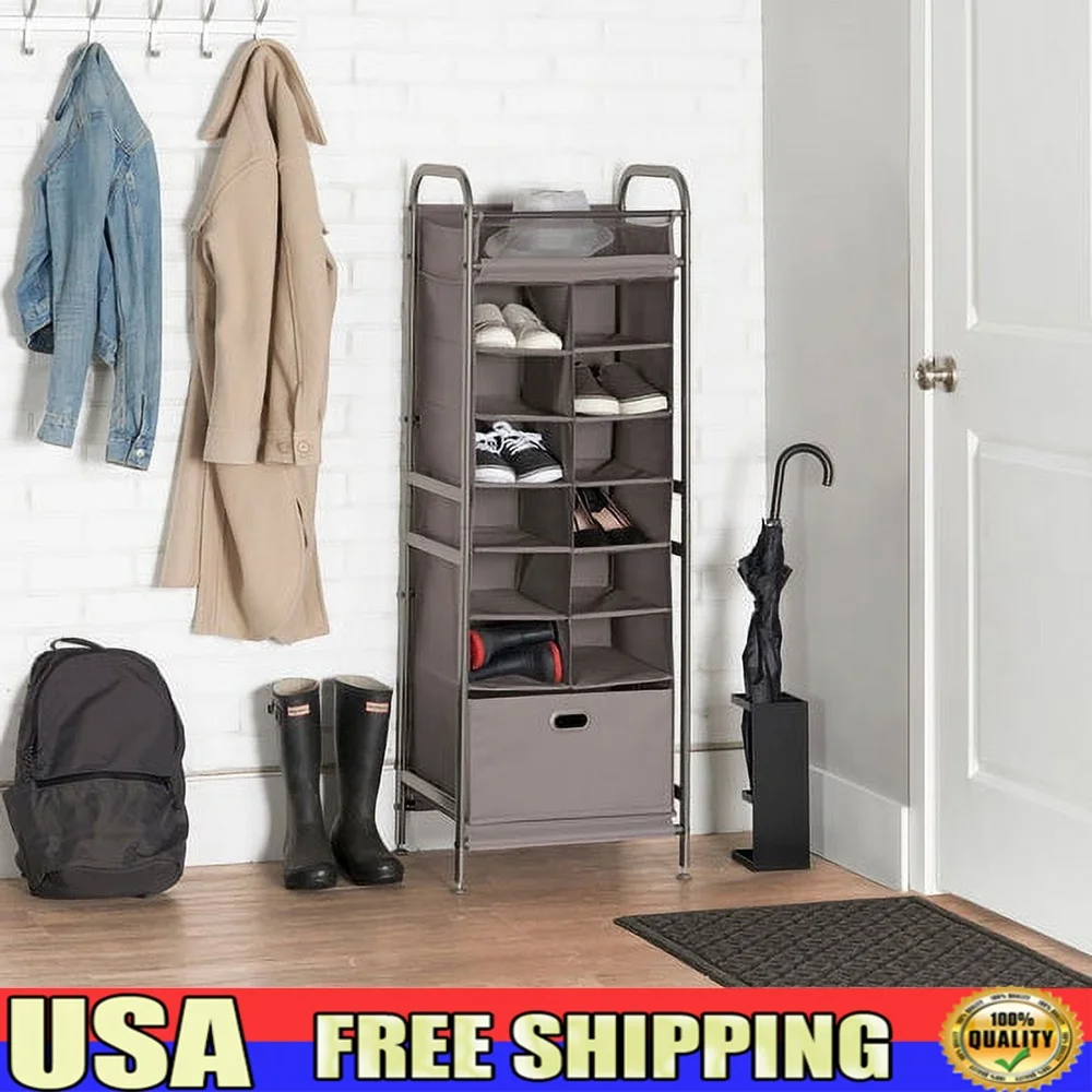

Vertical 12 Cubby Shoe Organizer with Drawer Freestanding Metal Fabric Storage Unit Home Foyer Bedroom Office
