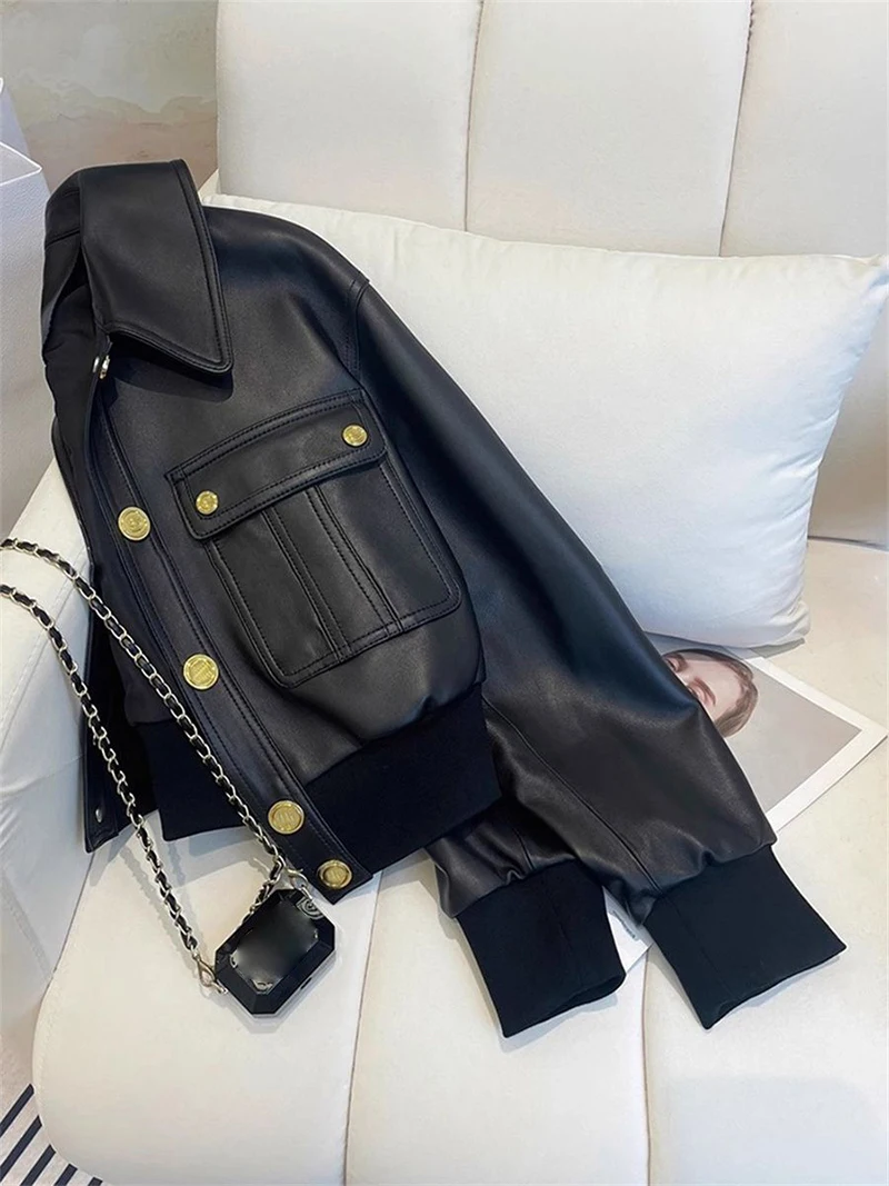 Chic Black Lapel Women Jacket Gold Buttons Flap Pockets Moto Short Coat Cropped Ribbed Trim Y2K Biker Streetwear Outerwear Top