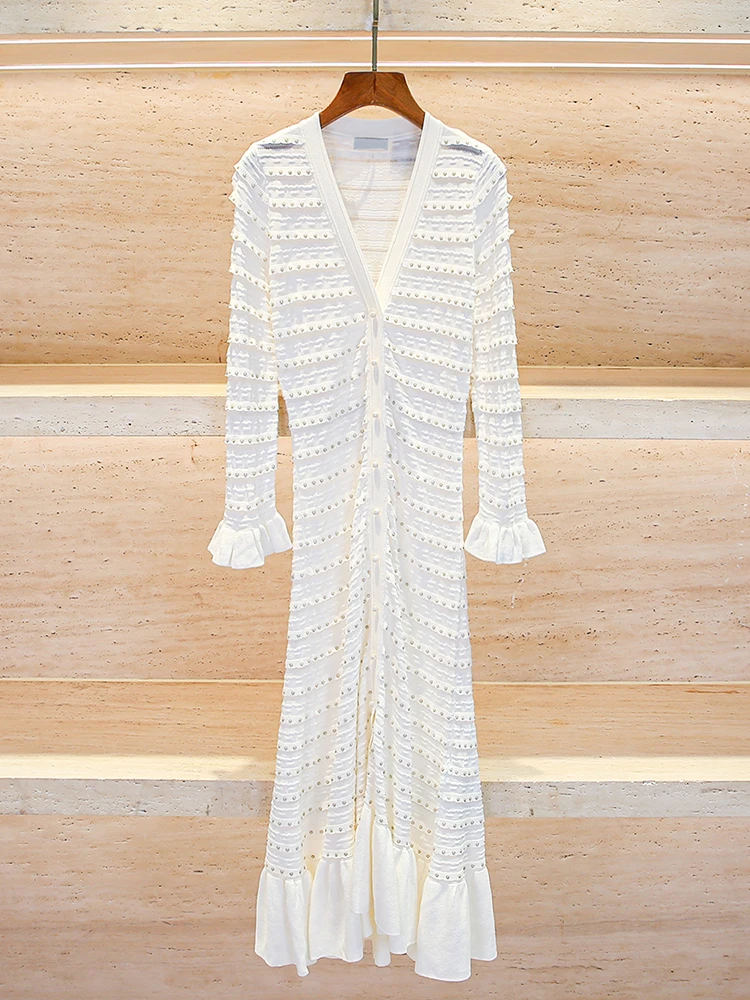 

Женское трикотажное платье Ele V-Ne с высокой талией и длинными рукавами, весенне-осеннее, А-силуэт, из полиэстера, с блестящими бусинами