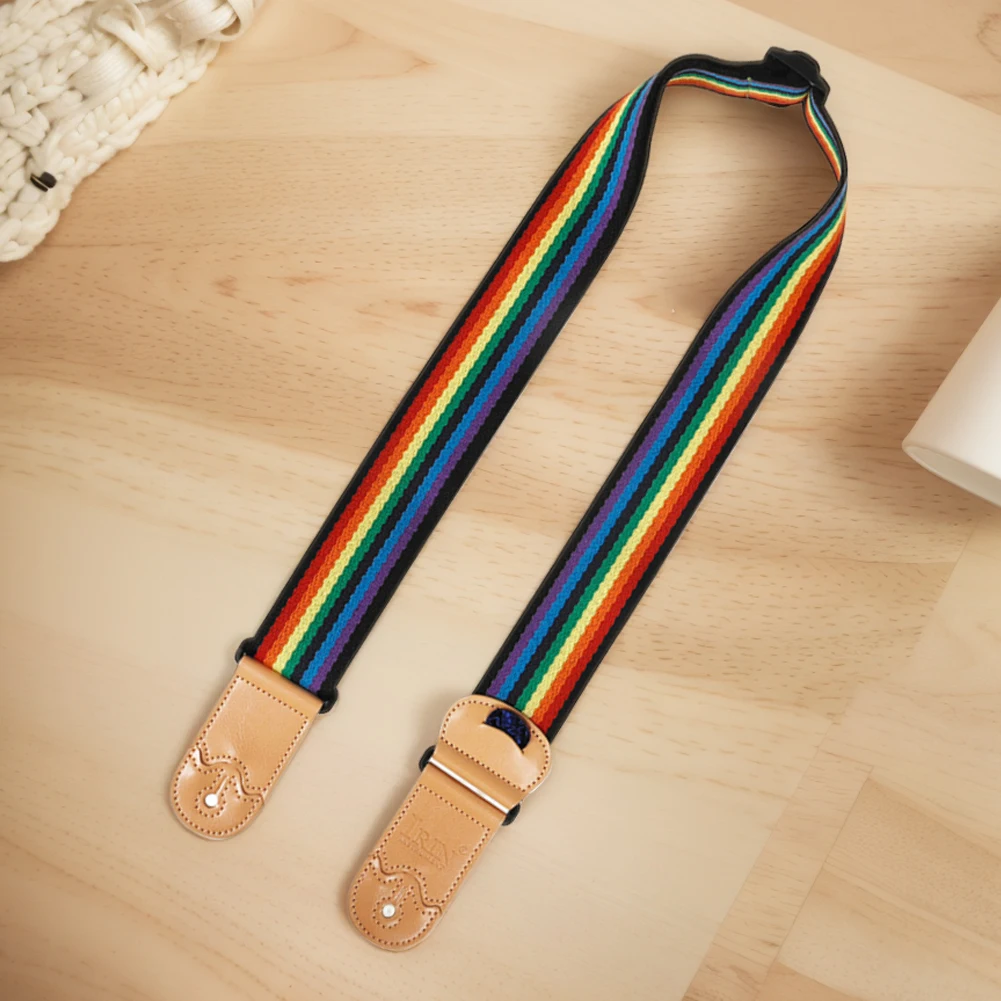 Sangle de guitare avec plectres et poche pour plectres, ceinture à rayures colorées, bandoulière pour guitare basse électrique acoustique