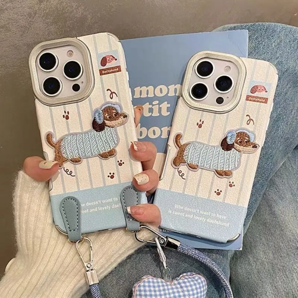 

Blue Stripe Embroidered Dog Case for IPhone 16 Promax 15 Pro 14 13 Autumn Winter Simple Cute Anti-drop Protective Cover