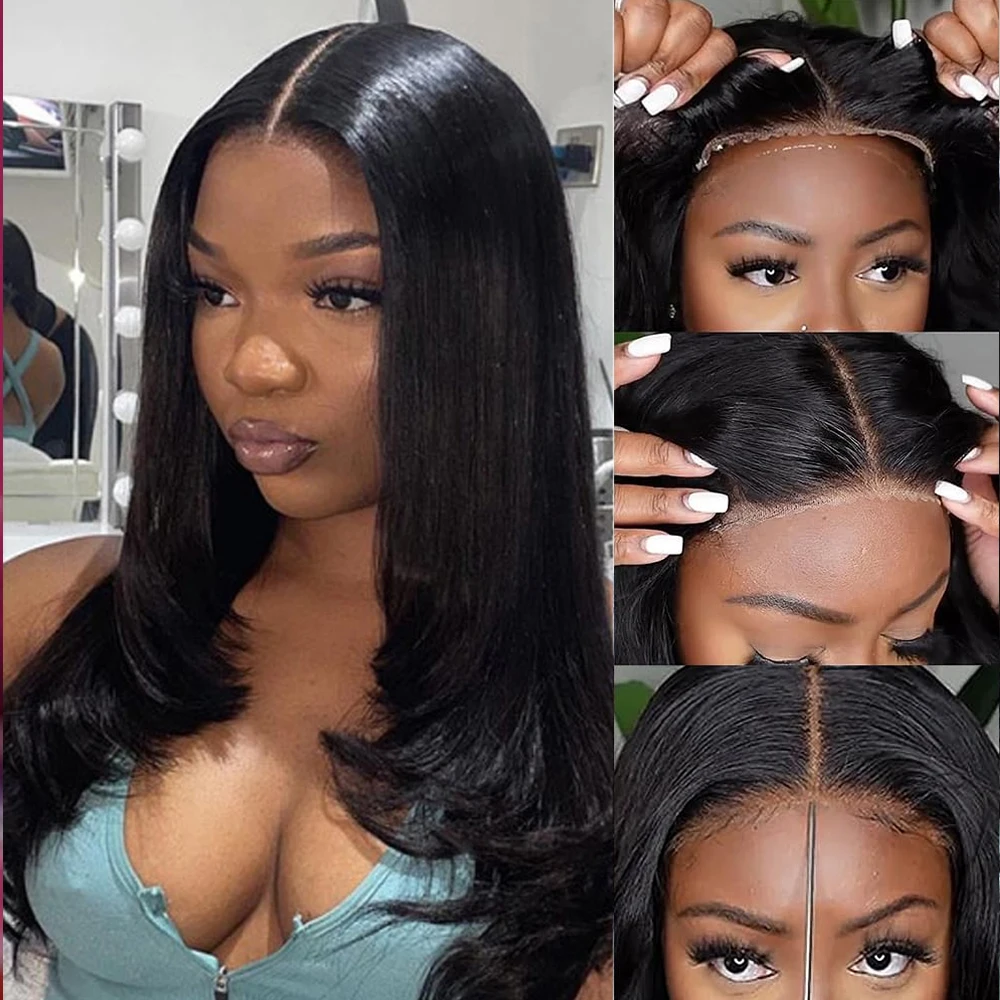 Layered Cut Straight Glueless Lace Wigs For Black Women Butterfly Haircut Straight 4X4 HD Lace Closure Synthetic Wigs Pre Cut