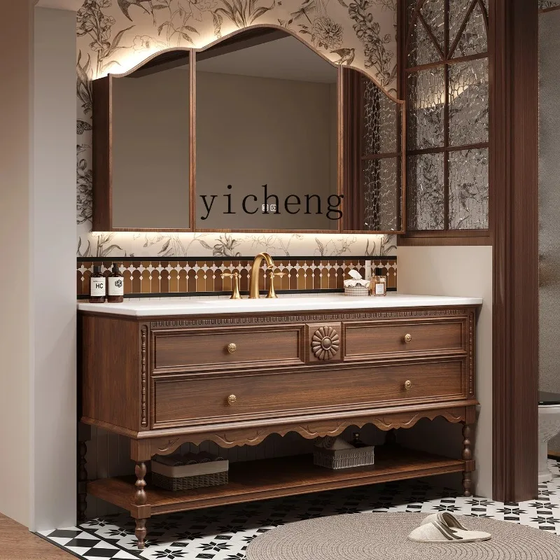 TP-25 French retro medieval oak bathroom cabinet combination floor-to-ceiling American washbasin view 2