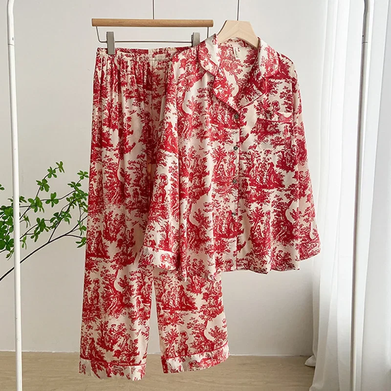 

Красный пижамный комплект, сексуальная рубашка с лацканами и брюки для женщин, лето-весна, новая домашняя одежда, мягкая ночная рубашка из искусственного шелка, 2 шт., пижамы с принтом, ночная рубашка