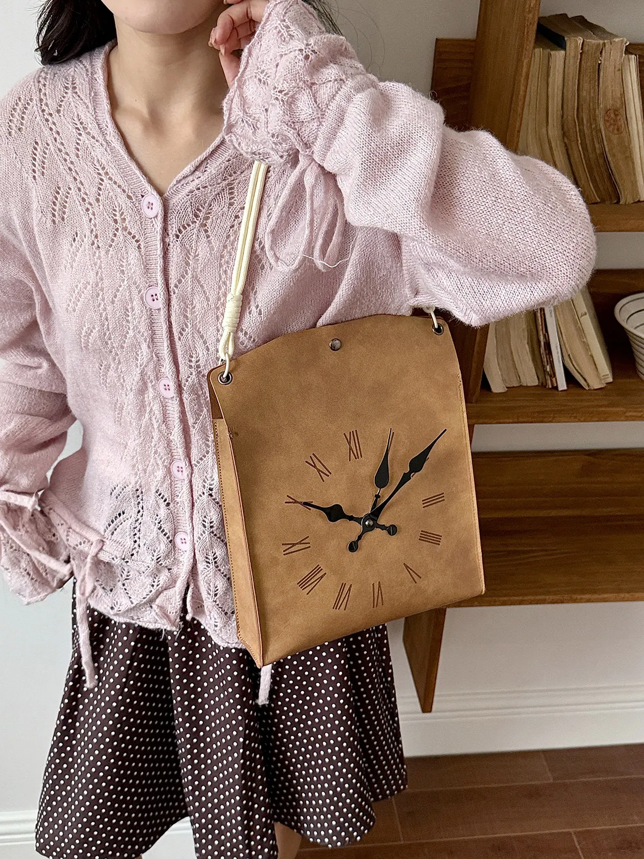 Artistic Personality Clock Pattern Women's Handbag Korean Retro Vintage Brown Casual Versatile Rope Strap Shoulder Crossbody Bag