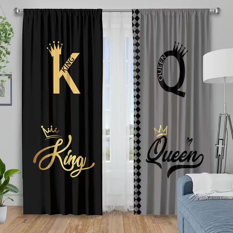2pcs Stylish King Queen Letter & Crown Pattern Curtains, Designed for Light Blocking, Premium Material, Suitable for Bedroom, Li