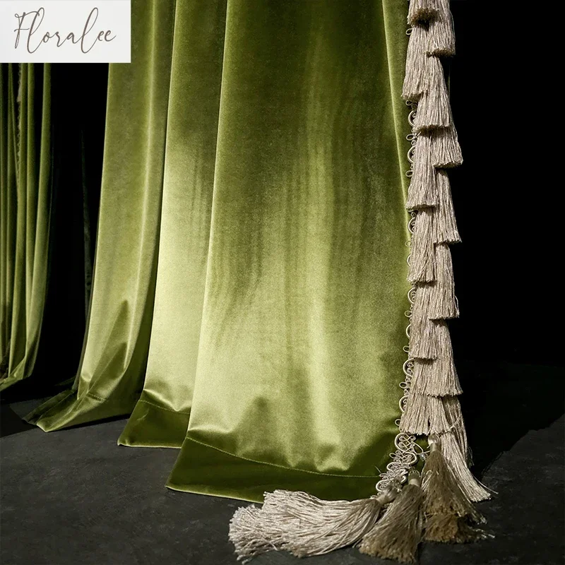 

French Light Luxury Olive Green Velvet Curtains For Living Room Bedroom High-end Curtains 2025 New European Villa Custom Size