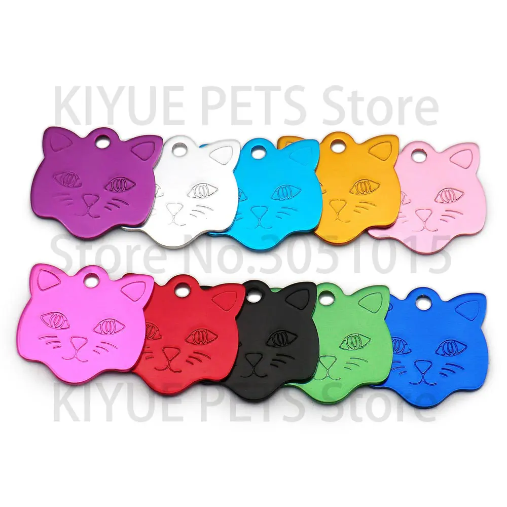 20Pcs Customized Engraved Dog Aluminum ID Tag Personalized Cat Face Shape Print Pet Name Plate Puppy Lable Phone No.