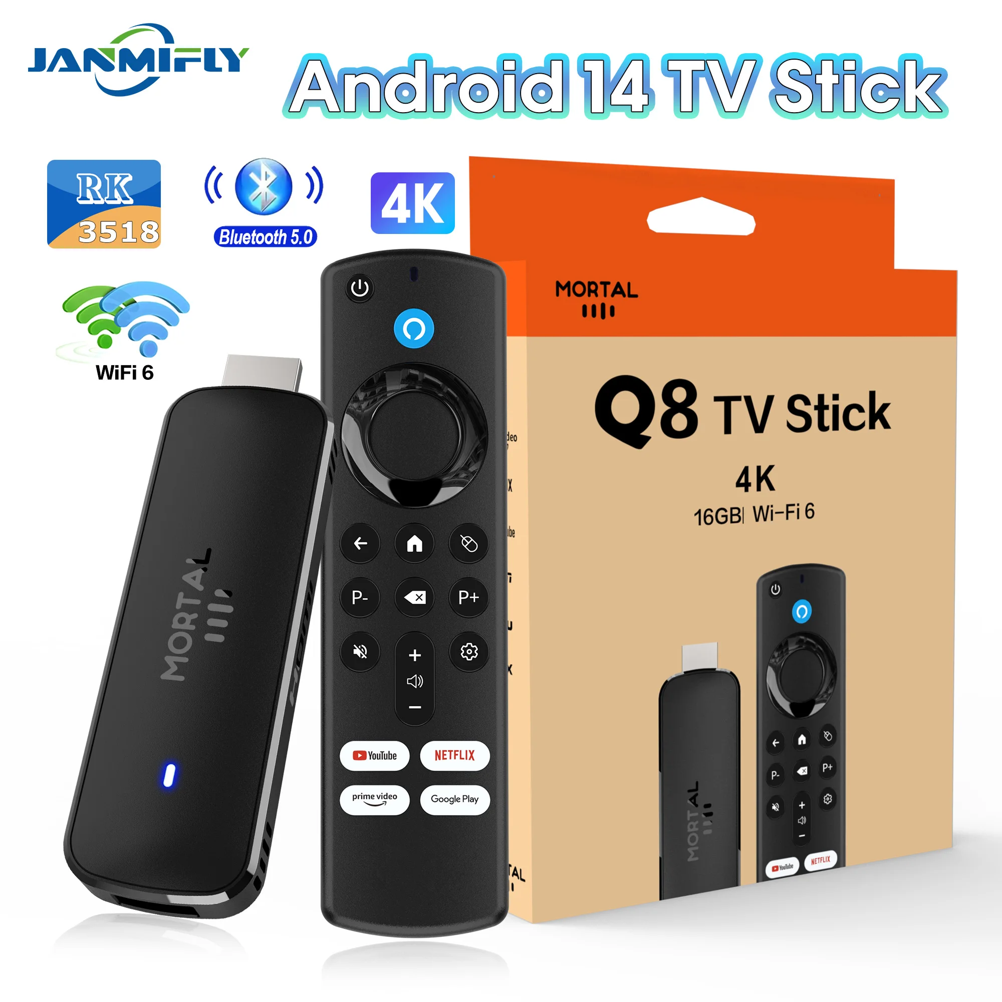 Hot TV Stick Q8 Voice Remote Dual Wifi 6 4K Ultra HD RK3518 Quad Core Streaming Stick Home Theater Media Player