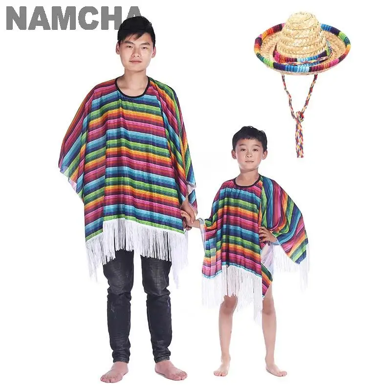 Men Mexican Cloak Set Colourful Stripes Shawl Hat Sunglasses Moustache Cigar Sand Hammer Cosplay Adult Kids Cape Carnival Outfit