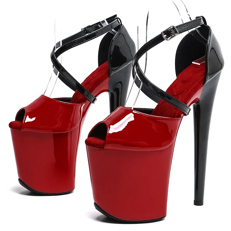 

20CM Sexy Pole Dance Heels for Women Long Strap Fishmouth Patent Leather Color Block Sandals Performance & Special Occasions