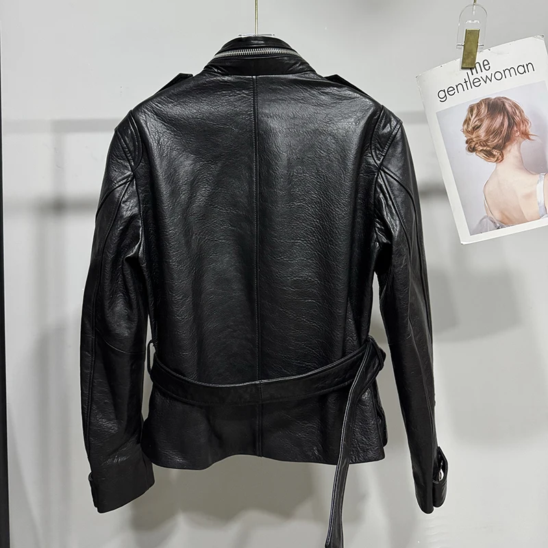 جديد المرأة موتو السائق جاكيت زيبرا الوقوف طوق حزام موضة جلد الغنم فقاعة الجلد معطف جلد طبيعي شامارا بيل موهير #5