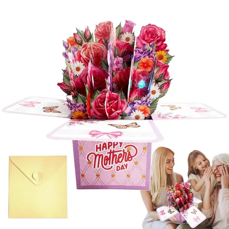 

Flower Bouquet Birthday Cards Mothers Day Flower Greeting 3D Cards Bouquet Thank You Paper With Lights And Music Blank Note Card