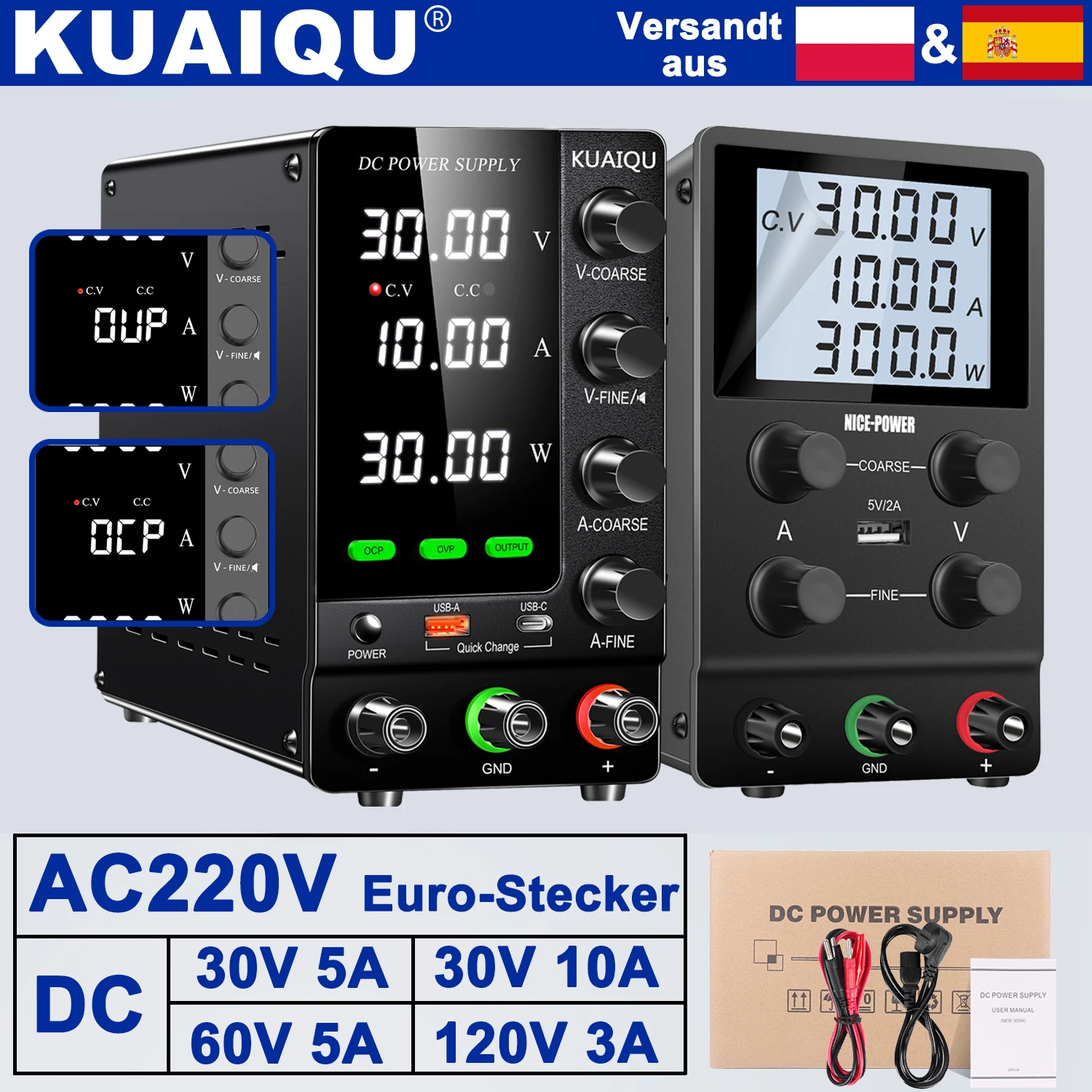 KUAIQU Hochpräzises Einstellbares Labornetzteil, 30V 60V 120V DC Geregeltes Netzteil mit OCP OVP OTP OLP, 24 Stunden Vollelastausgang, Ausreichende Leistung, Stabile Konstantspannung