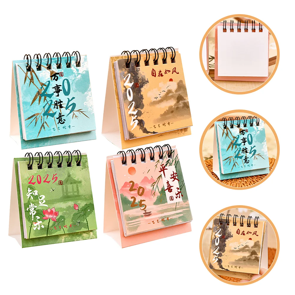 4 Pcs Retro Decor 2025 Desk Calendar New Year Miniature Flower Memo Small Office