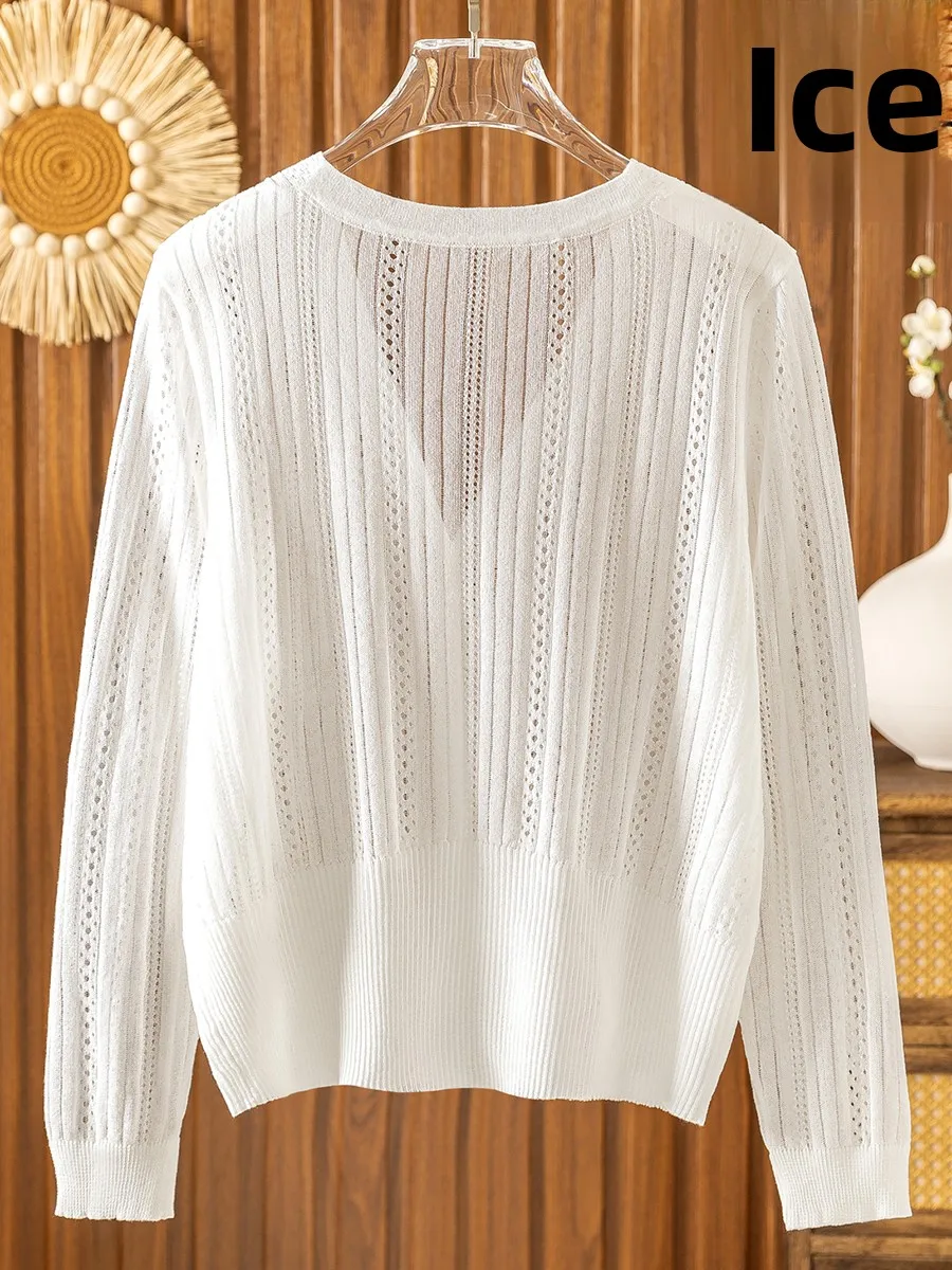 Cienka dzianinowa bluzka z jedwabiu lodowego damska letnia z dekoltem w serek chroniąca przed słońcem długi rękaw klimatyzacja lub otwarty kardigan odzież wierzchnia Hollo...