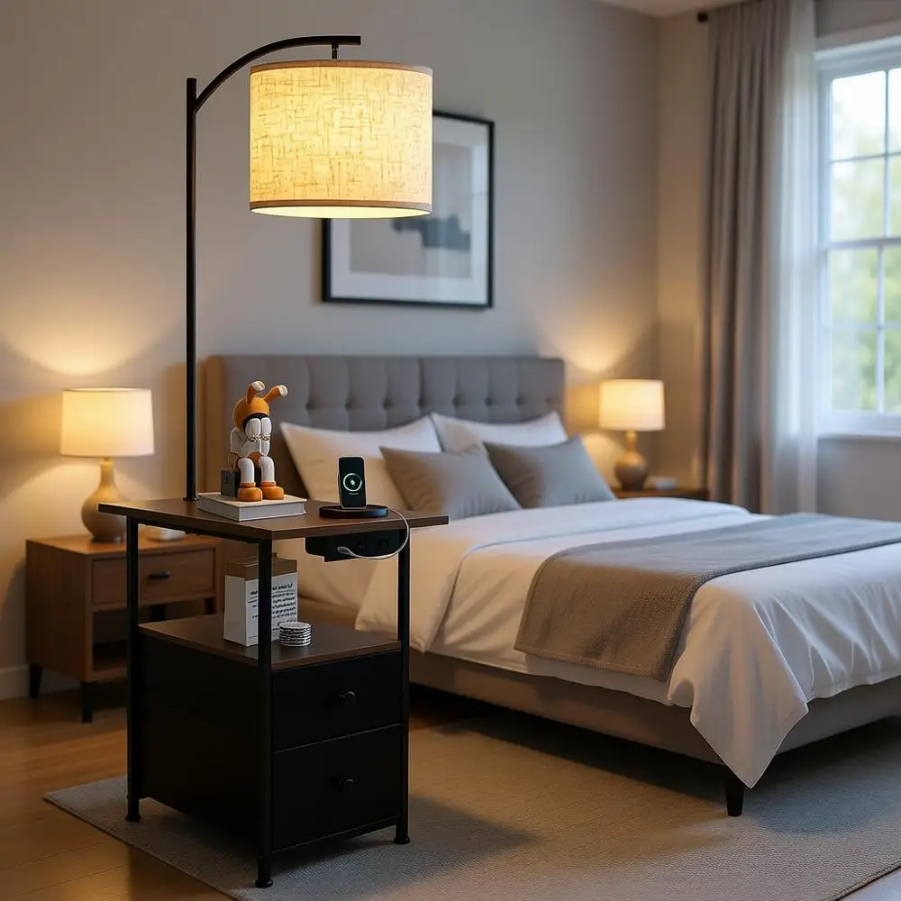 

Floor Lamp with Integrated Table and Dual Desks, End Table Lamp with Adjustable Lighting, Side Table Lamp with USB and Type-C Ch