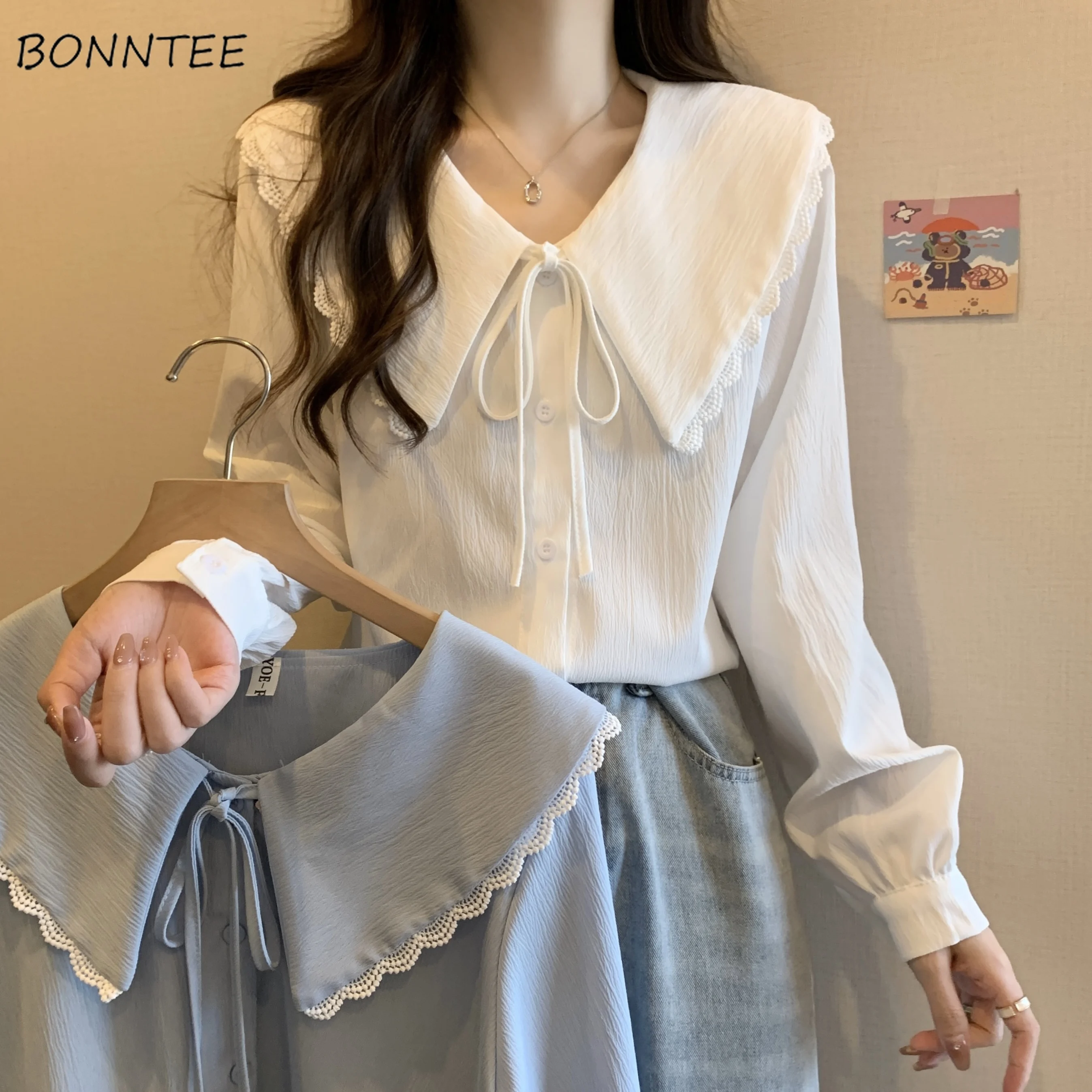 

Chic Shirts Women Casual Peter Pan Collar Button-up Tender Temper Design Bow Spring Autumn Ulzzang All-match Gentle Blouse Mujer