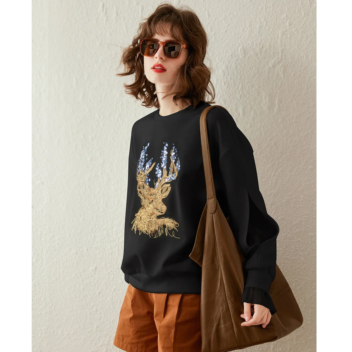 LOUIS YAO Women Hoodies 2023 Autumn Loose Round O Neck Long Sleeve Splicing Gauze Dropped Shoulder Sleeve Sequin Embroider Top