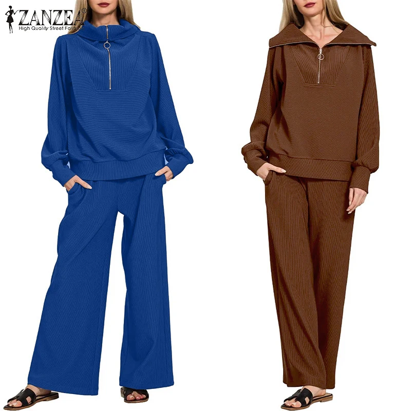 

ZANZEA, зимний вязаный свитшот, костюм 2022, женские толстовки в рубчик с длинными рукавами и брюками, спортивный костюм, уличная одежда, осенние одинаковые комплекты