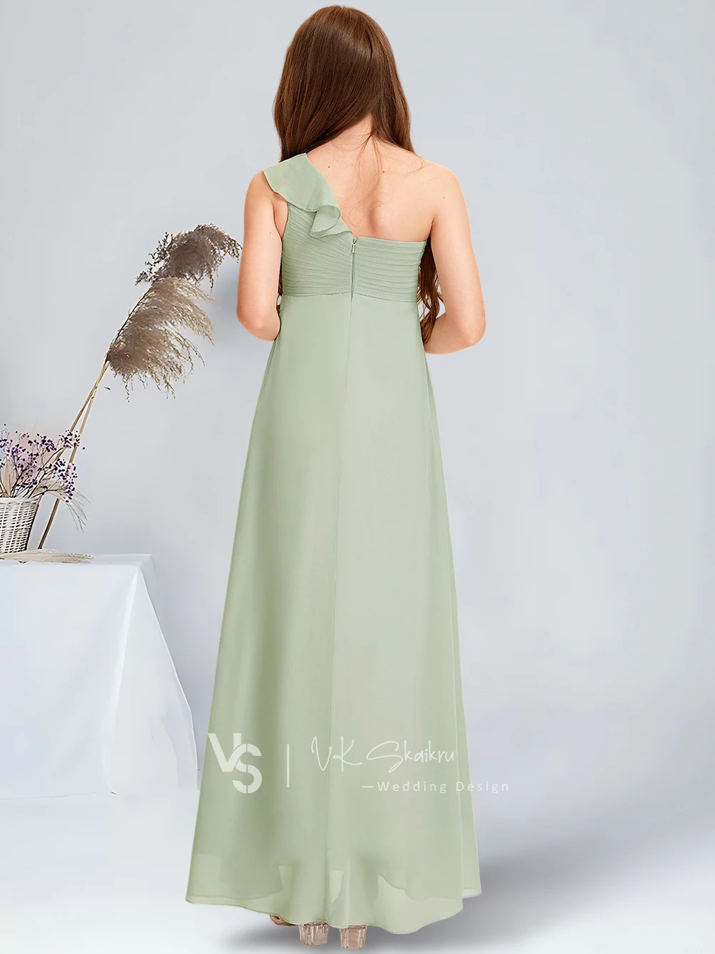 A-line One Shoulder Floor-Length Chiffon Junior Bridesmaid Dress Celadon Flower Girl Dress for Wedding Party Communion Dress